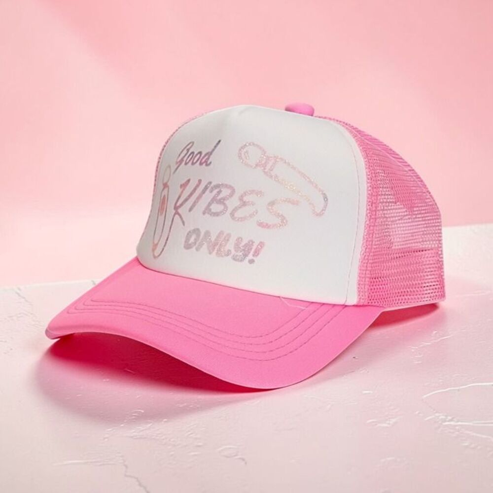 Pink and White Trucker Hat "Good Vibes Only" Adult Humor Gift for her